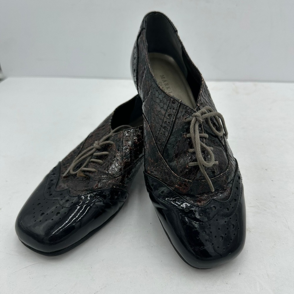 Mark Lemp Classics Walking Cradles Brown Snakeskin Black Patent Oxfords Size 6W